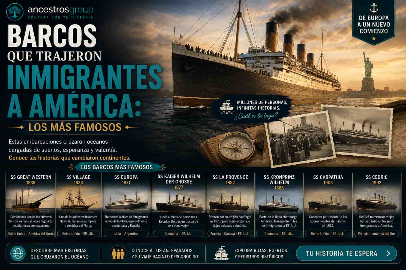 Transatlántico de inmigrantes llegando a un puerto de América a principios del siglo XX