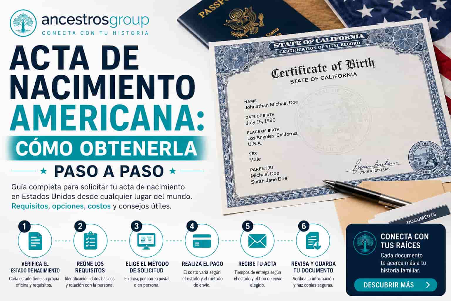 Certificado de nacimiento americano con sello oficial