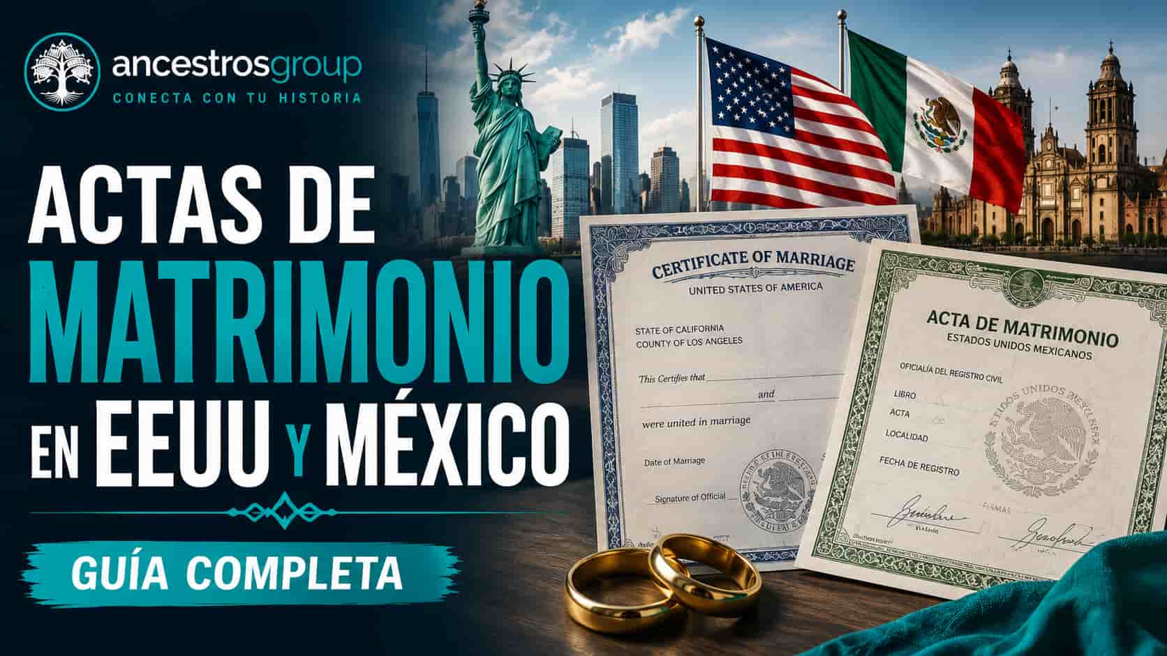 Acta de matrimonio oficial con anillos de boda